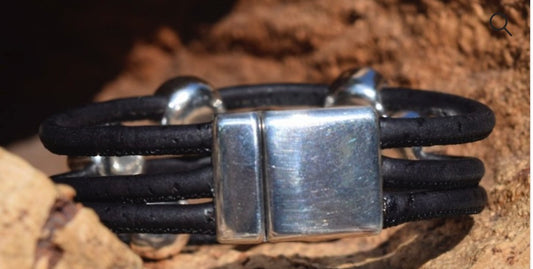 Silver Clear Swarovski 7 Coin 3 Strand Black Cork Bracelet (B120-3)