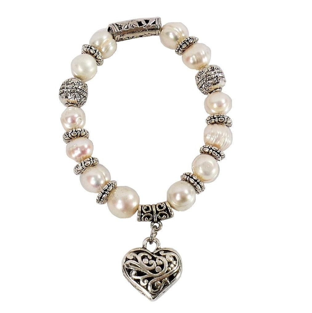White Freshwater Pearl Heart Bracelet (BS016F)