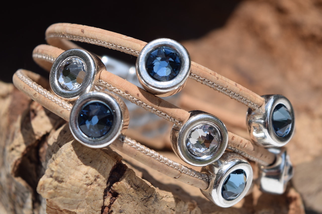 Paradise Blue and Silver Swarovski 7 Coin 3 Strand Cork Bracelet (B120-2)