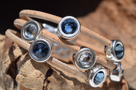 Paradise Blue and Silver Swarovski 7 Coin 3 Strand Cork Bracelet (B120-2)
