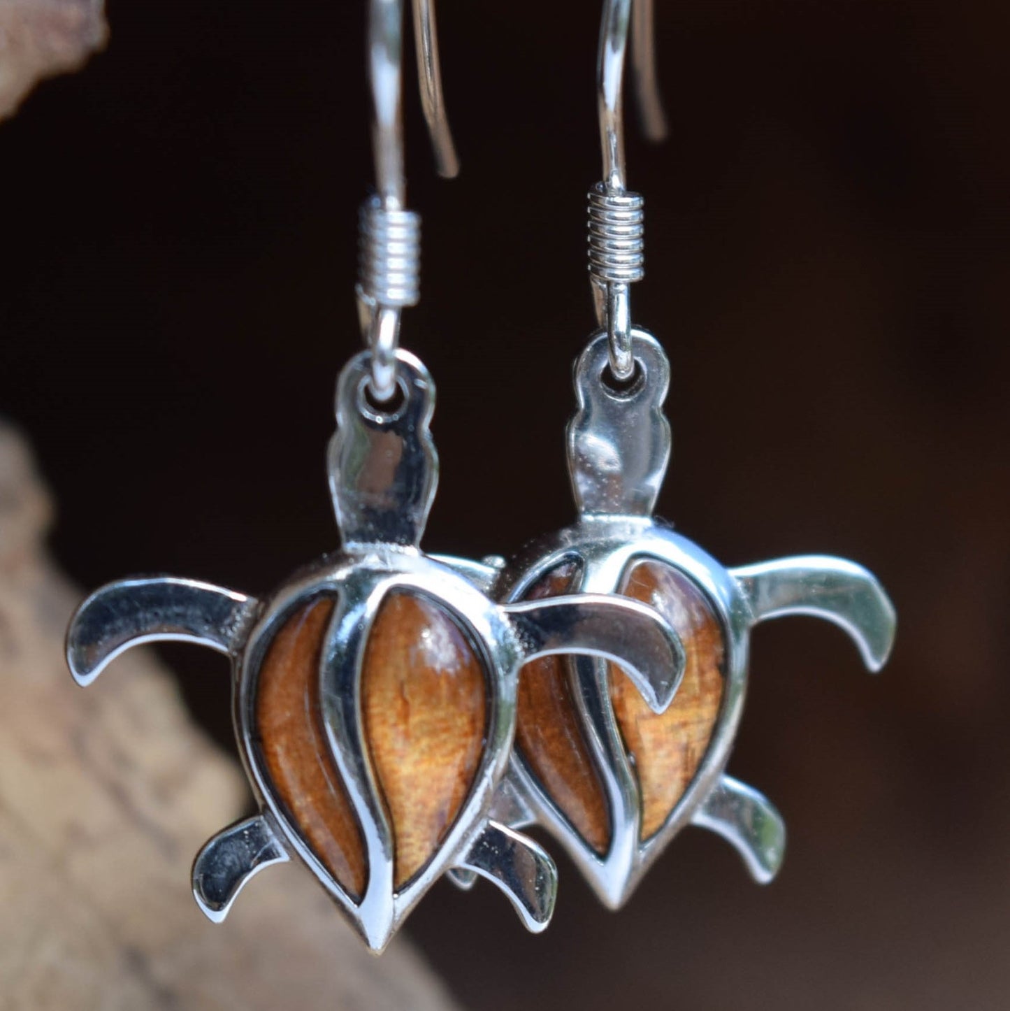 Sterling Silver Turtle KOA Tree Cork Earrings (E25)