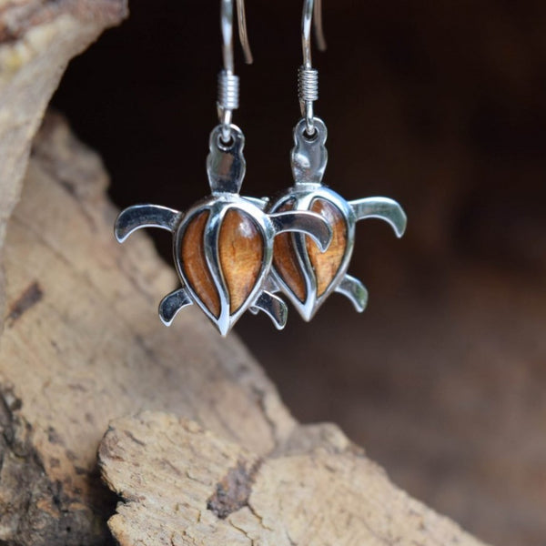 Sterling Silver Turtle KOA Tree Cork Earrings (E25)