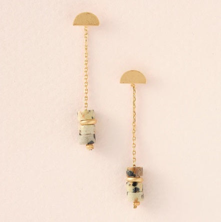 Stone Meteor Thread Jacket Earring - Dalmatian Jasper/Gold (EE003)