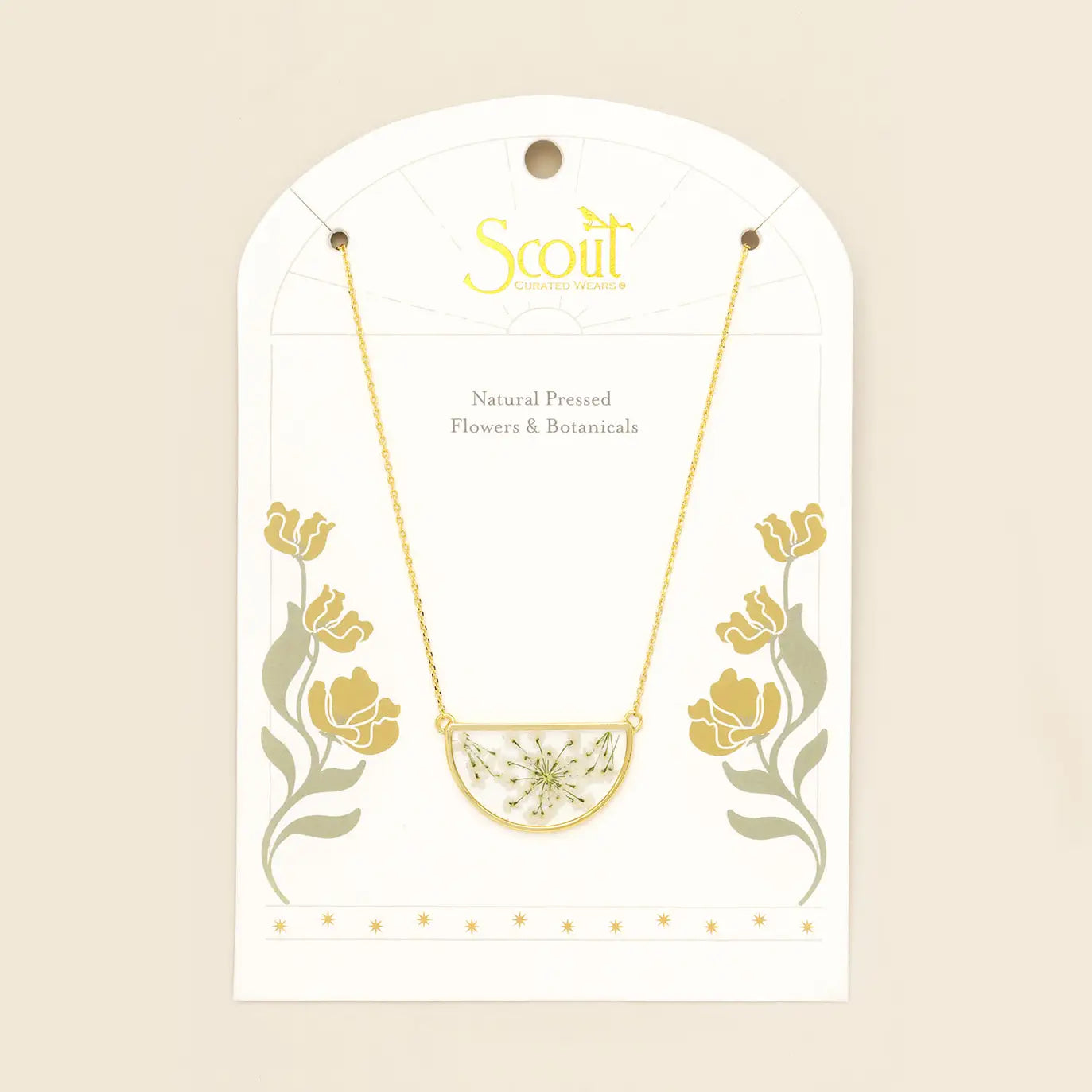 Pressed Flower Necklace - White Lace Flower/Gold (FN002)