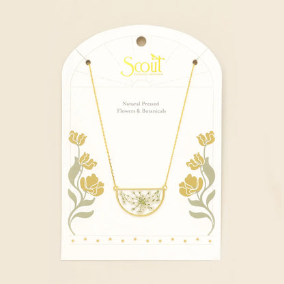 Pressed Flower Necklace - White Lace Flower/Gold (FN002)