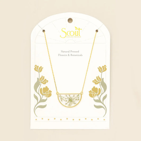 Pressed Flower Necklace - White Lace Flower/Gold (FN002)