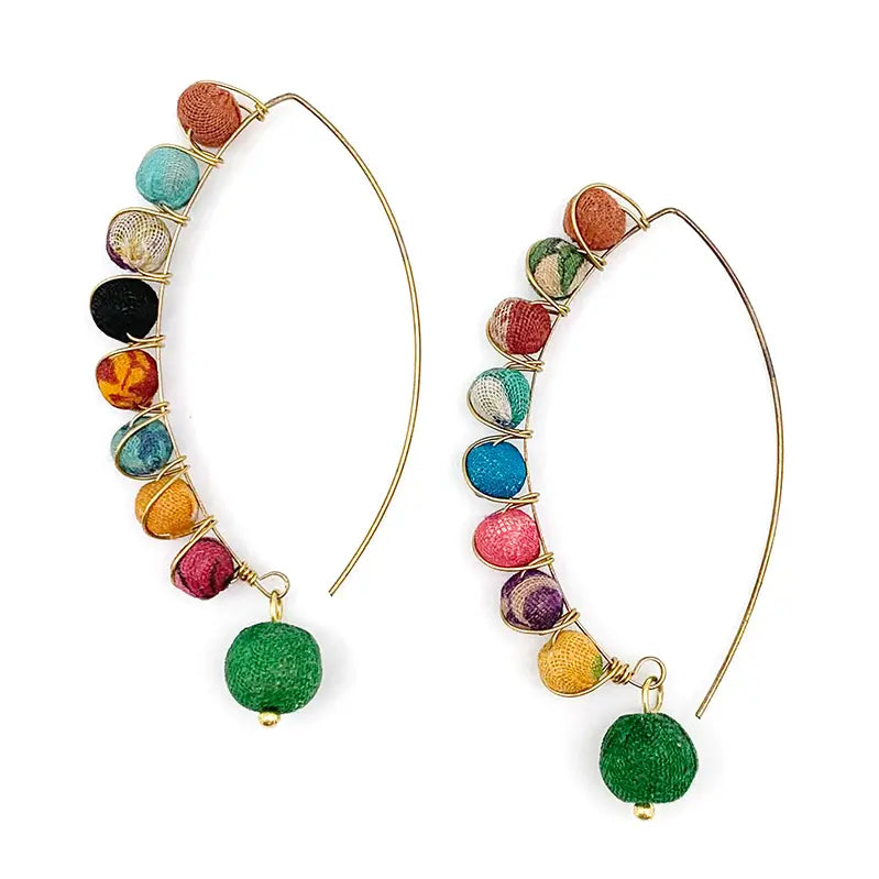 Aasha Kantha Slim Long Hoop Wrapped Round Bead Earrings (E5088)