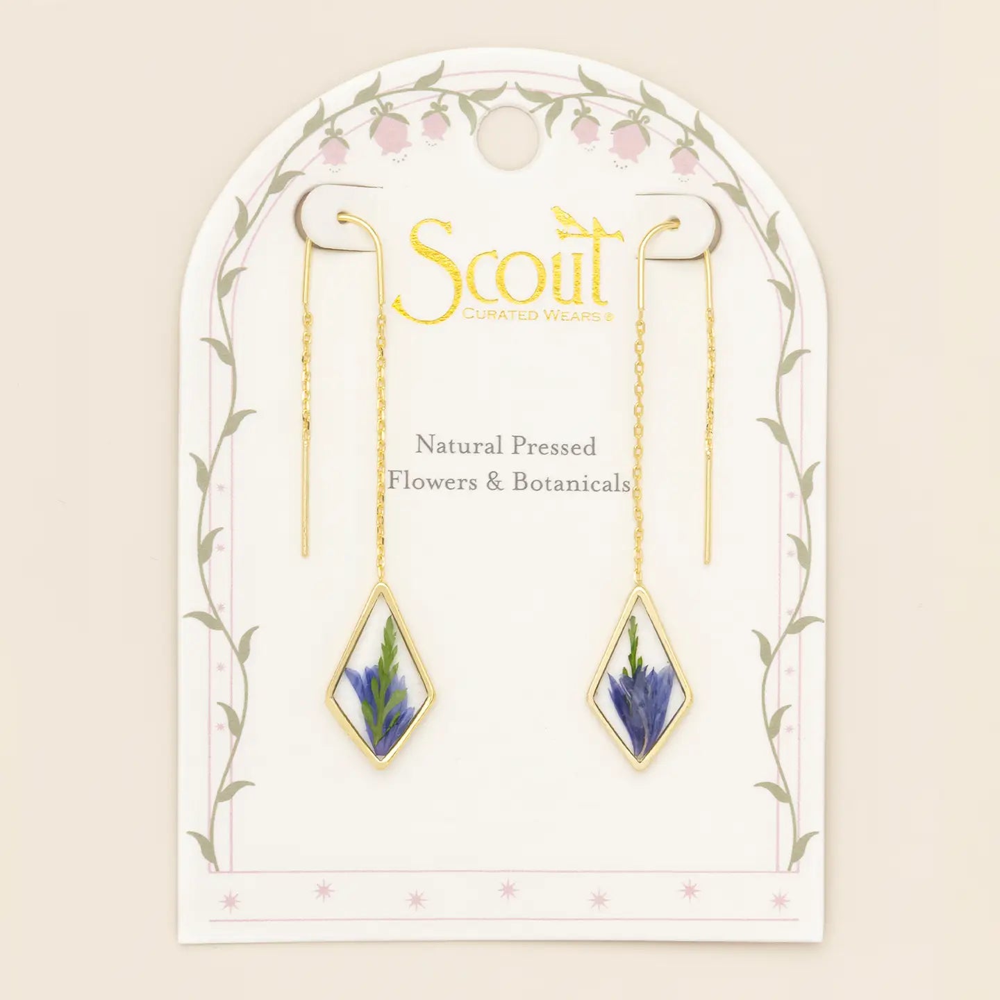 Pressed Flower Thread Earring - Purple Cornflower/Gold (FT001)