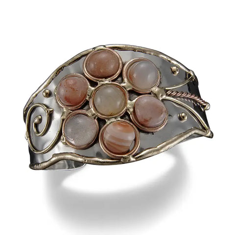 Mixed Metal Cuff Bracelet - Agate Flower (B043)