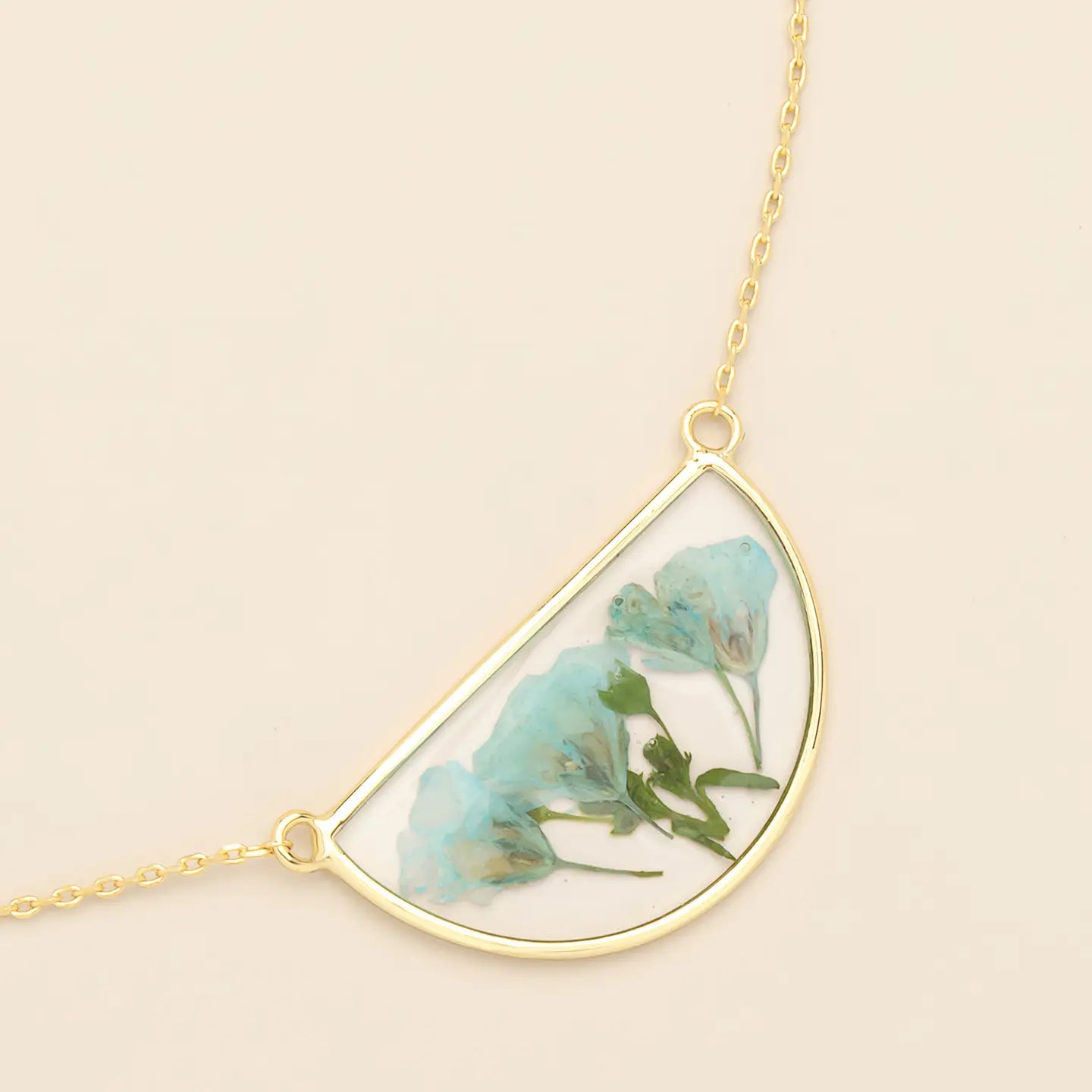 Pressed Flower Necklace - Blue Baby's Breath/Gold (FN001)