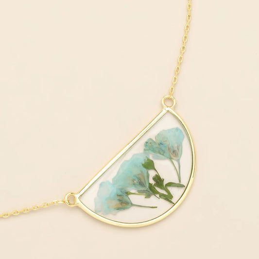 Pressed Flower Necklace - Blue Baby's Breath/Gold (FN001)