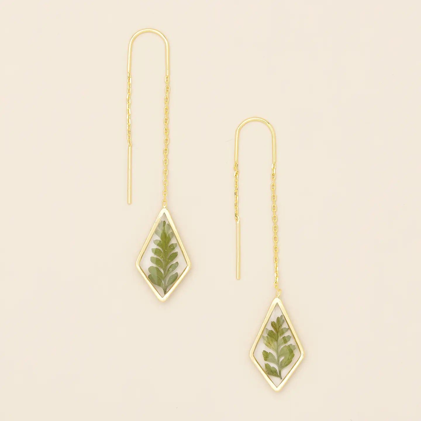 Pressed Flower Thread Earring - Green Bracken Fern/Gold (FT003)