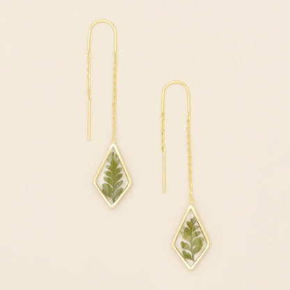 Pressed Flower Thread Earring - Green Bracken Fern/Gold (FT003)