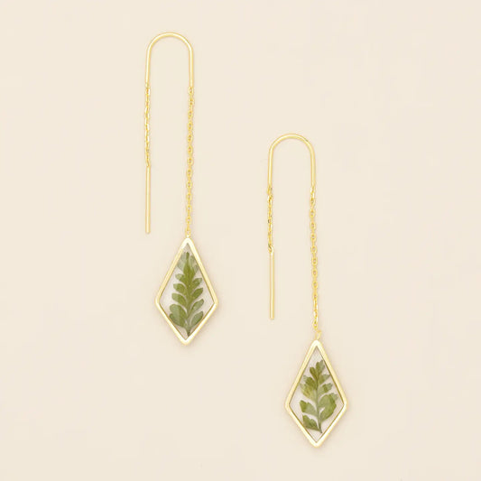 Pressed Flower Thread Earring - Green Bracken Fern/Gold (FT003)