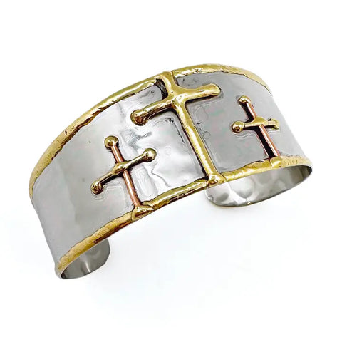 Mixed Metal Cuff Bracelet - Three Gold Crosses (B248)