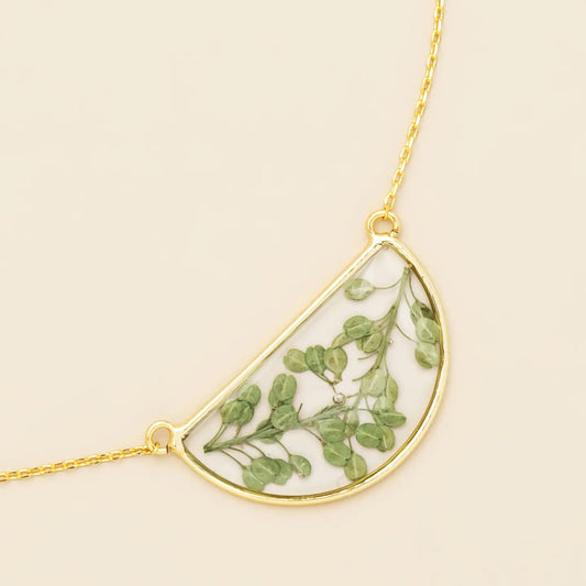 Pressed Flower Necklace - Green Peppergrass/Gold(FN006)
