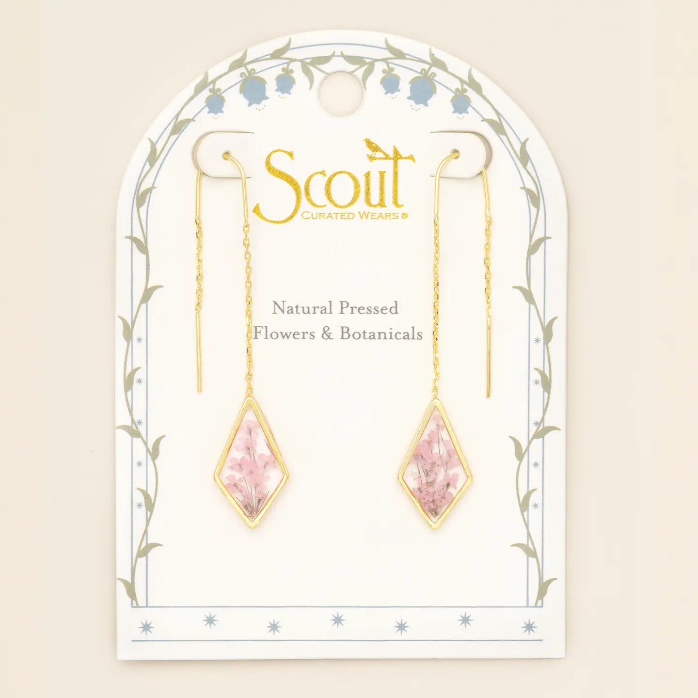 Pressed Flower Thread Earring - Pink Lace Flower/Gold (FT006)