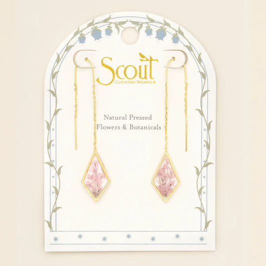 Pressed Flower Thread Earring - Pink Lace Flower/Gold (FT006)