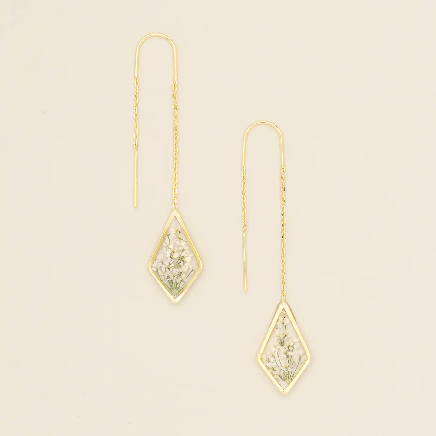 Pressed Flower Thread Earring - White Lace Flower/Gold (FT004)