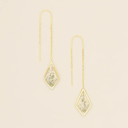 Pressed Flower Thread Earring - White Lace Flower/Gold (FT004)
