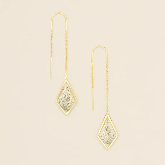 Pressed Flower Thread Earring - White Lace Flower/Gold (FT004)