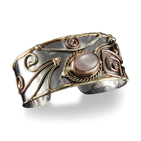 Mixed Metal Cuff Bracelet - Rose Quartz (B074)