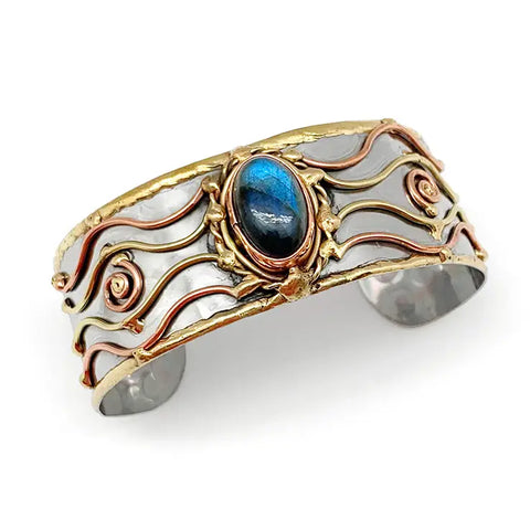 Narrow Mixed Metal Cuff Bracelet - Labradorite (B244)