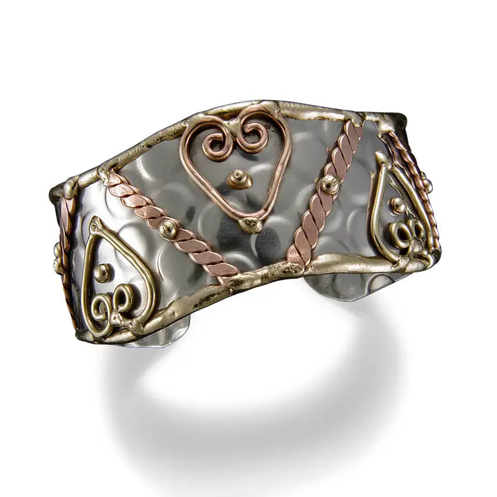 Mixed Metal Cuff Bracelet - Zig Zag Hearts (B010)