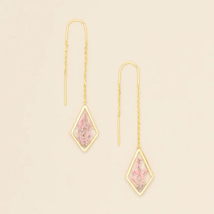 Pressed Flower Thread Earring - Pink Lace Flower/Gold (FT006)