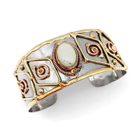 Narrow Mixed Metal Cuff Bracelet - Lemon Chrysoprase (B242)