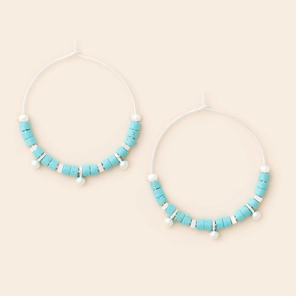 Stone Disc Hoop Earring - Turquoise/Silver (EN001)
