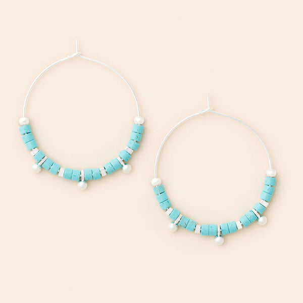 Stone Disc Hoop Earring - Turquoise/Silver (EN001)