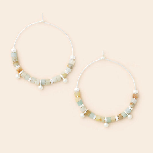 Stone Disc Hoop Earring - Amazonite/Silver (EN003)