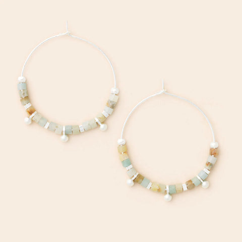 Stone Disc Hoop Earring - Amazonite/Silver (EN003)