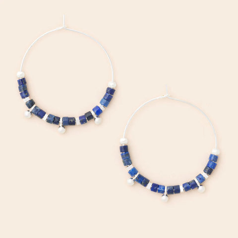 Stone Disc Hoop Earring - Lapis/Silver (EN005)