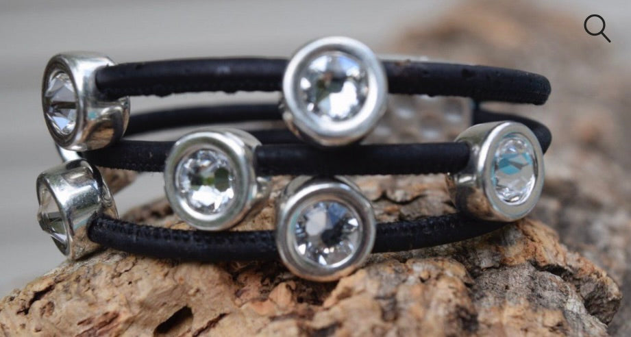 Silver Clear Swarovski 7 Coin 3 Strand Black Cork Bracelet (B120-3)