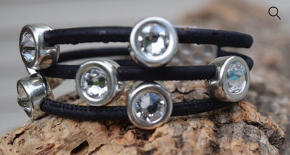 Silver Clear Swarovski 7 Coin 3 Strand Black Cork Bracelet (B120-3)