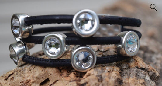 Silver Clear Swarovski 7 Coin 3 Strand Black Cork Bracelet (B120-3)