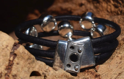 Silver Clear Swarovski 7 Coin 3 Strand Black Cork Bracelet (B120-3)