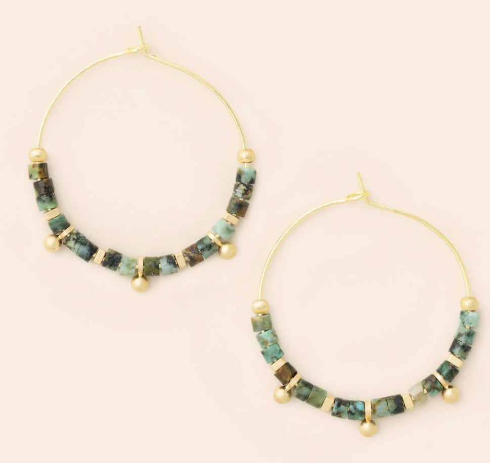 Stone Disc Hoop Earring - African Turquoise/Gold (EN006)