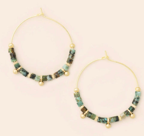 Stone Disc Hoop Earring - African Turquoise/Gold (EN006)