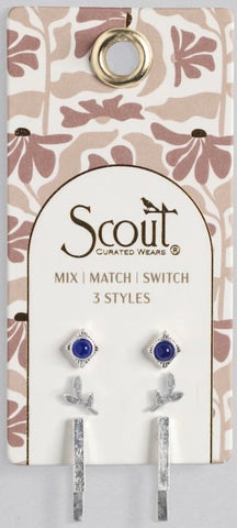 Stud Trio Ear Jacket Set - Leaf/Lapis/Silver (JQ006)