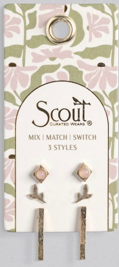 STUD TRIO EAR JACKET SET - LEAF/ROSE QUARTZ (JQ002)