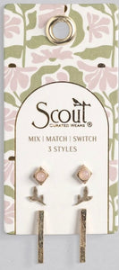 STUD TRIO EAR JACKET SET - LEAF/ROSE QUARTZ (JQ002)