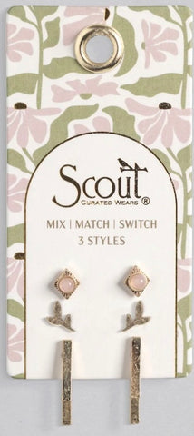 STUD TRIO EAR JACKET SET - LEAF/ROSE QUARTZ (JQ002)