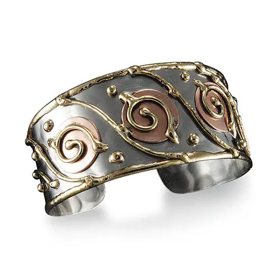Mixed Metal Cuff Bracelet - Spirals and Circles (B055)