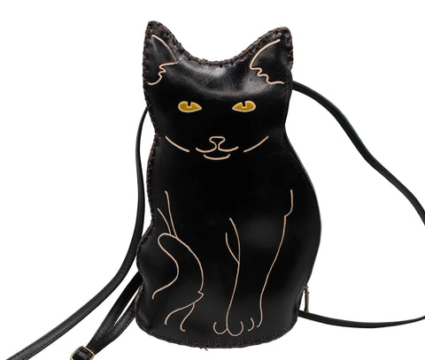 Leather black cat backpack cross-body purse multi use (H873)