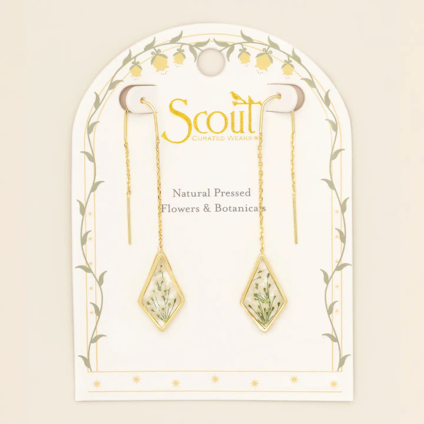 Pressed Flower Thread Earring - White Lace Flower/Gold (FT004)