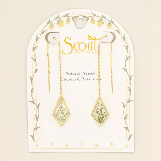 Pressed Flower Thread Earring - White Lace Flower/Gold (FT004)