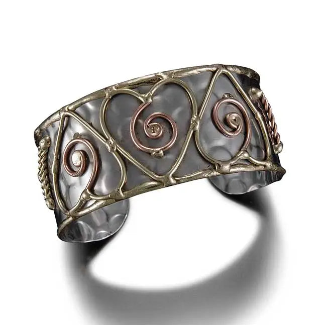 Mixed Metal Cuff Bracelet - Spiral Hearts (B052)